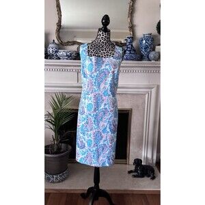 Talbots 16 Fresco Paisley Sheath Dress Blue Pink wedding guest Graduation